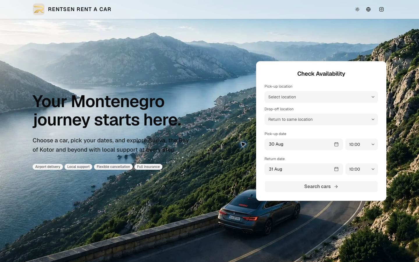 Rentsen Rent a Car staging storefront with tenant navigation, service highlights, and an availability search